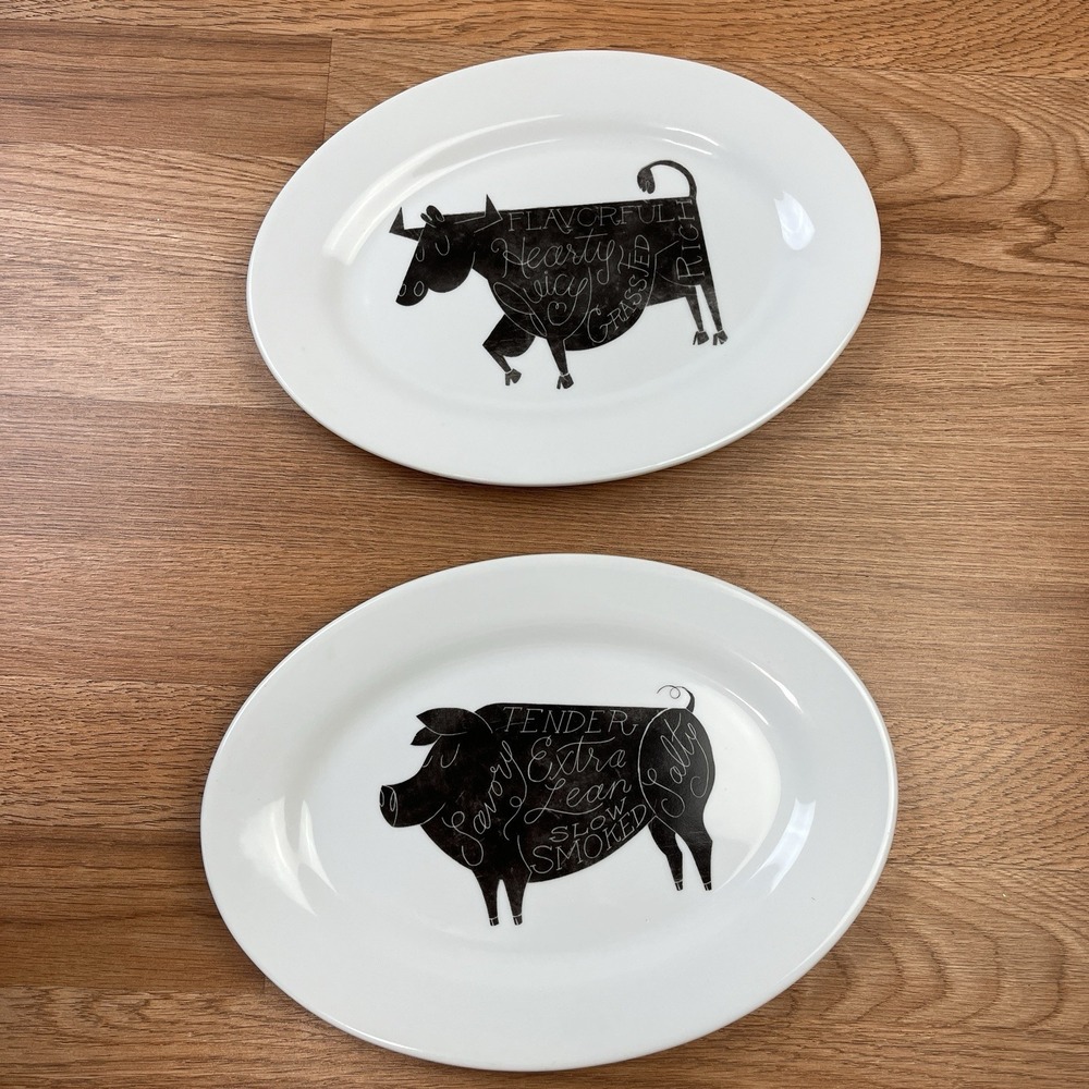 Set of 2 Crate and Barrel Meat Plates Cow & Pig Black White Beef Pork